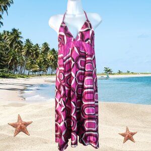 Zoey Beth Womans Sundress Small Hot Pink & White Spaghetti Strap Bohemian Style